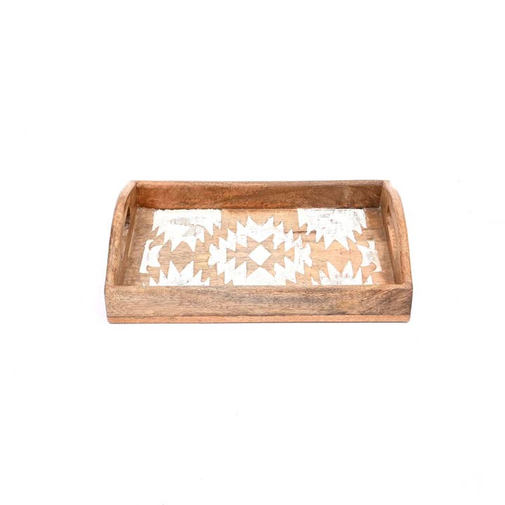 Matterhorn Carved Mango Wood Nesting Tray Set of 3 - Whitewashed Decorative Serving Trays for Home Decor