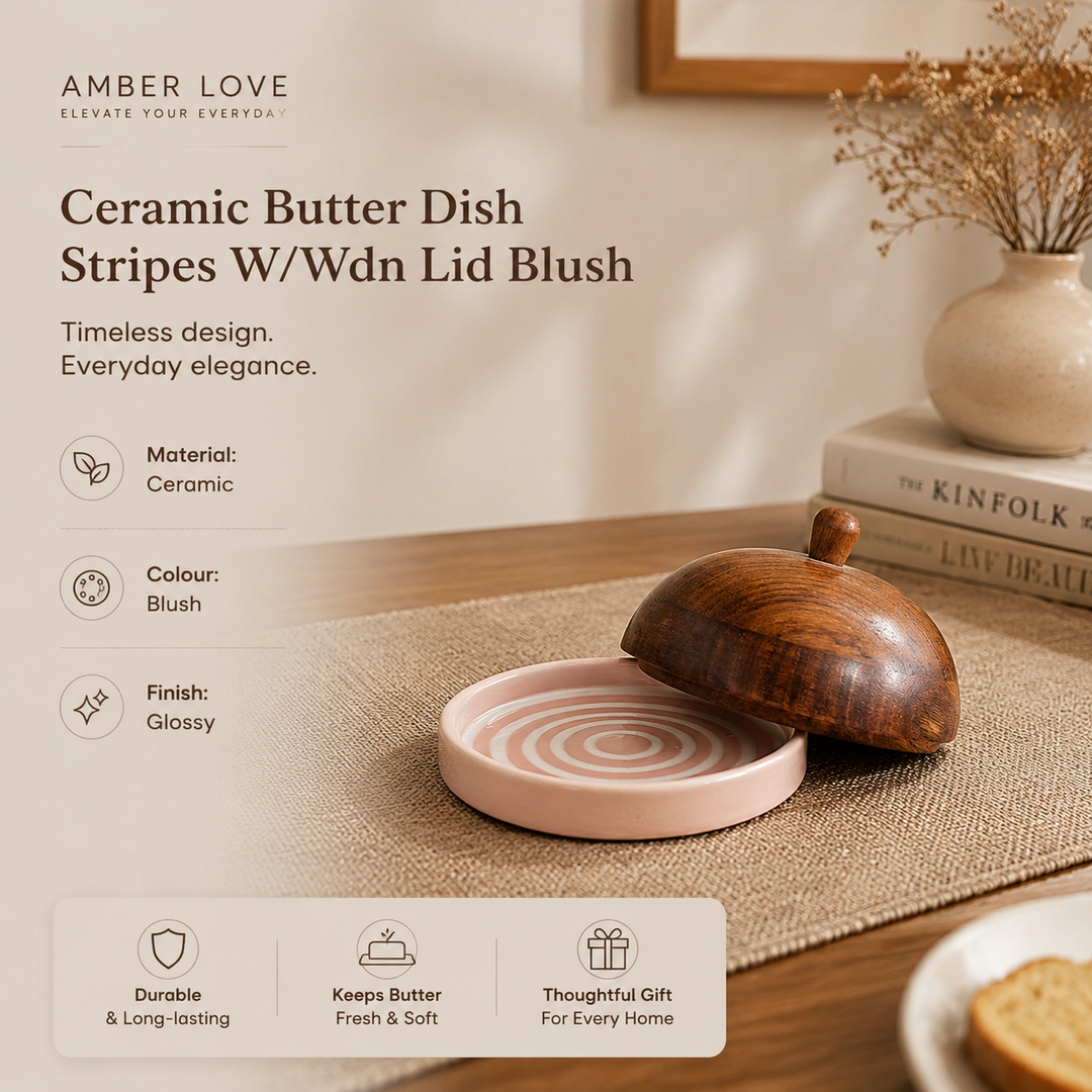 Blush Striped Ceramic Butter Dish with Mango Wood Lid