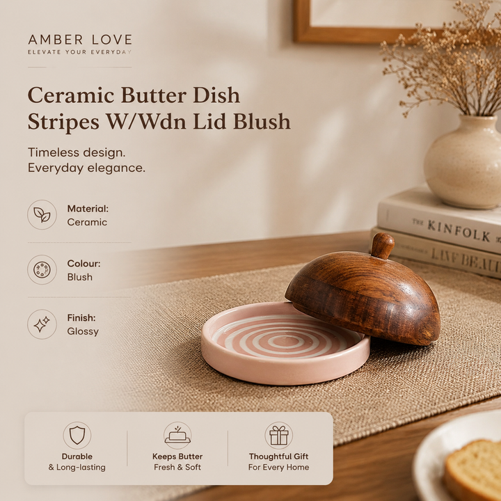 Blush Striped Ceramic Butter Dish with Mango Wood Lid