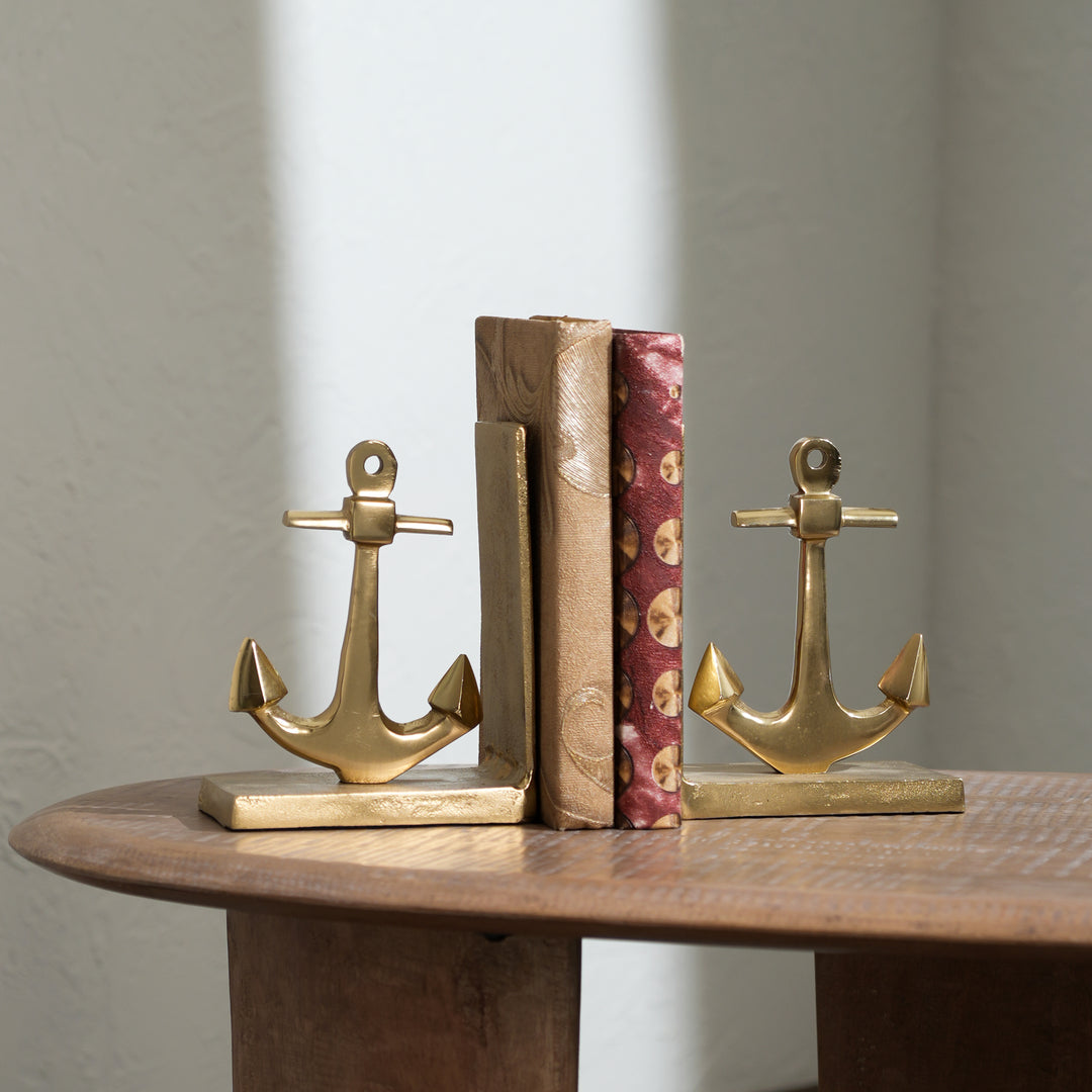 Anchor Bookend Pair in Gold Finish Handcrafted Aluminum Décor