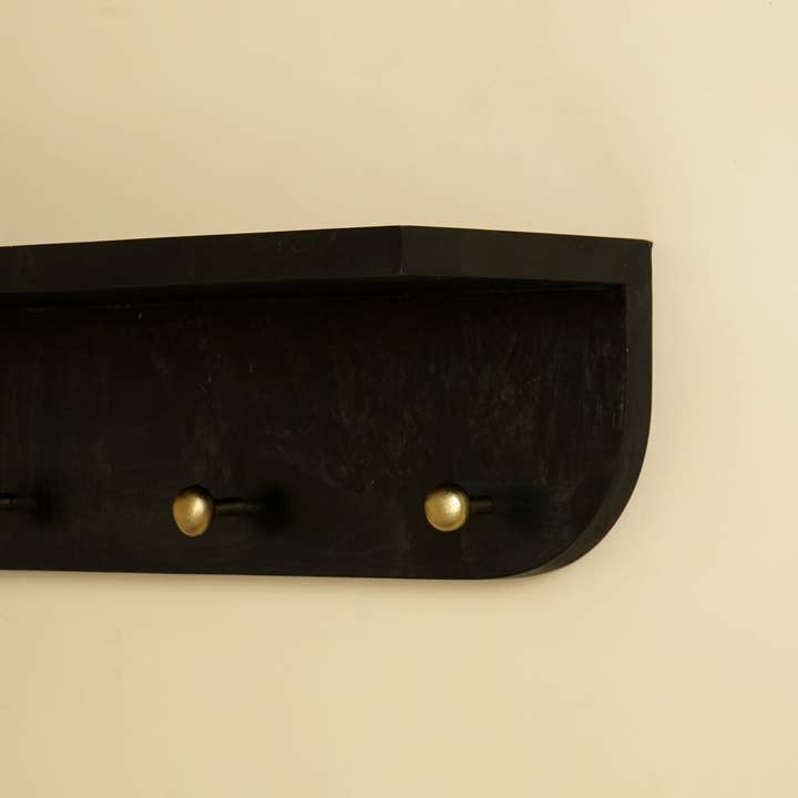 Modern Wall Shelf with 6 Hooks | Black Floating Coat Rack