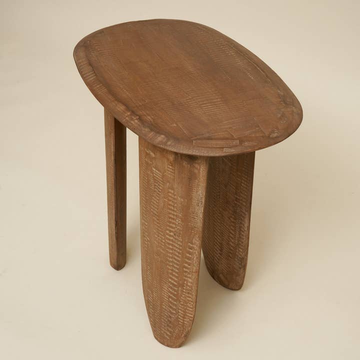 Solid Mango Wood Side Table – Sculptural Round Accent Table | Brown