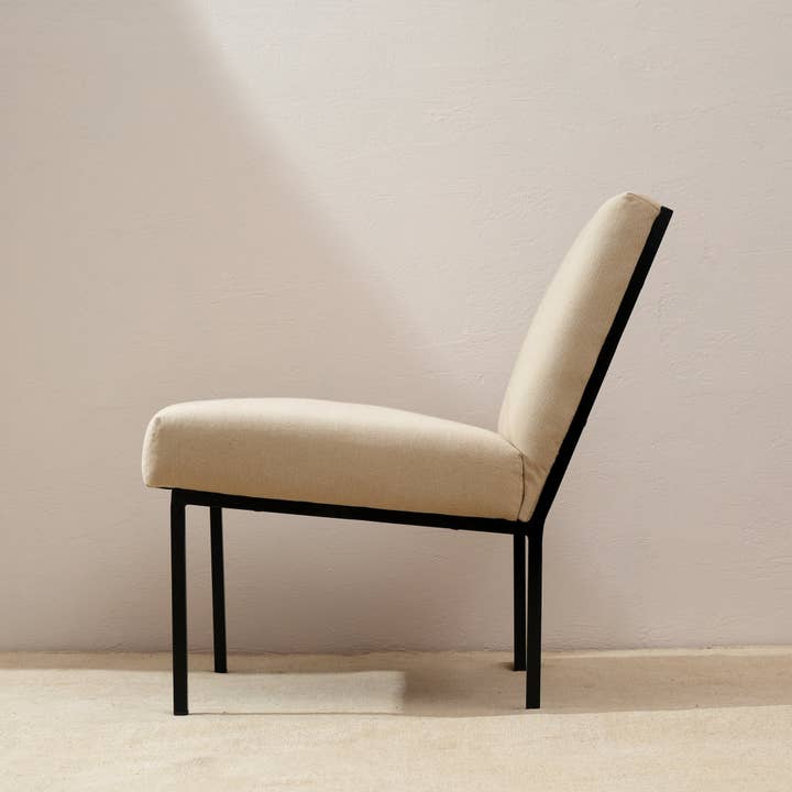 Modern Beige Cotton Lounge Chair | Upholstered Accent Chair with Iron Frame