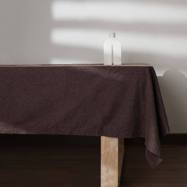 Stone Washed Cotton Linen Tablecloth – Medium Brown Rectangular Dining Table Cover- Brown