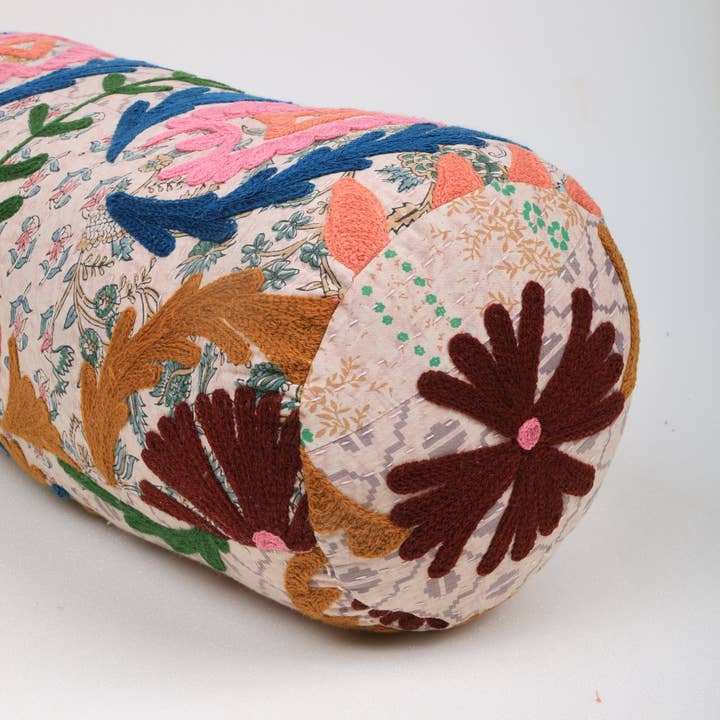 Floral Embroidered Cotton Bolster Cushion Multicolor 53 x 20 cm
