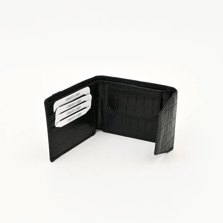 Men’s Leather Wallet 3S Scrblk – Premium Black Croc Look Napa Leather Wallet with Coin Pocket & 6 Card Slots | Elegant Slim Bifold Wallet