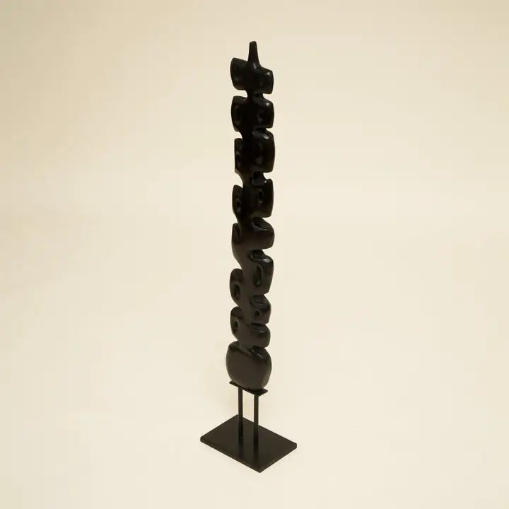 Abstract Vertical Spine Sculpture – Wooden & Metal Decorative Object – Black Finish