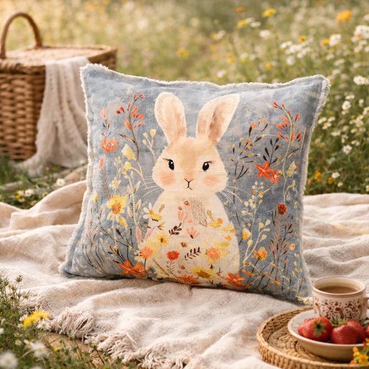 Embroidered Cotton Cushion- Rabbit Floral Design- 45x45 cm