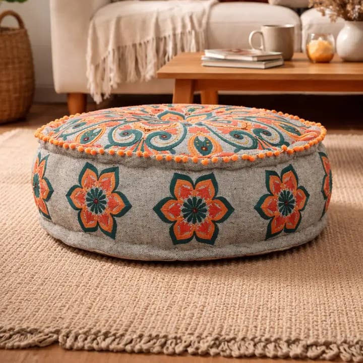 Mandala Embroidered Cotton Floor Cushion with Pompoms 60 cm