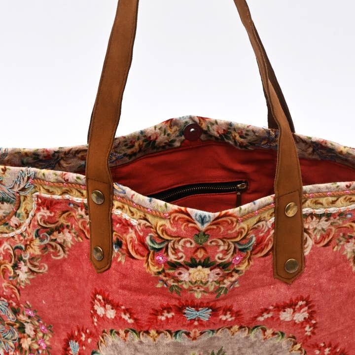 Vintage Floral Embroidered Cotton Tote Bag - 40x48 cm