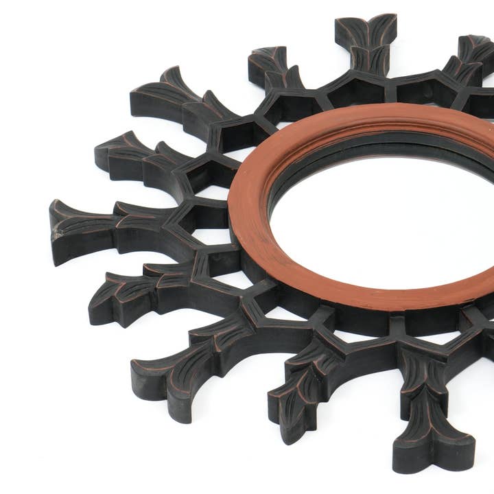 Hand-Carved Metallic Wooden Sunburst Wall Mirror - Decorative Statement Mirror for Living Room, Entryway & Bedroom Decor