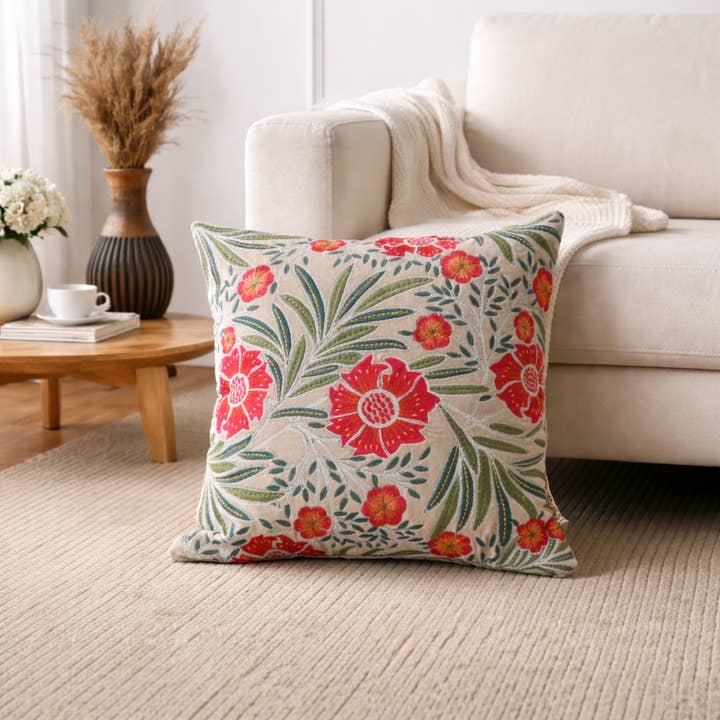 Botanical Floral Cotton Velvet Cushion - 45×45 cm