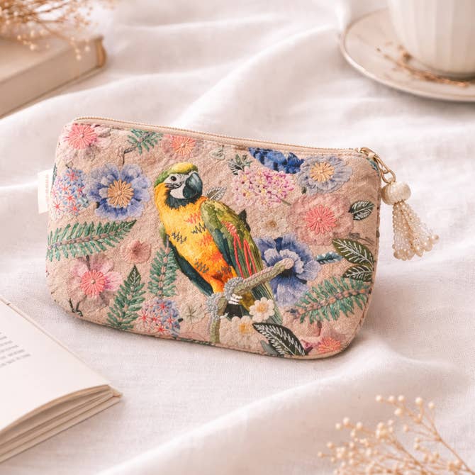 Cotton Pouch – Parrot Floral Embroidered – 18x30 cm