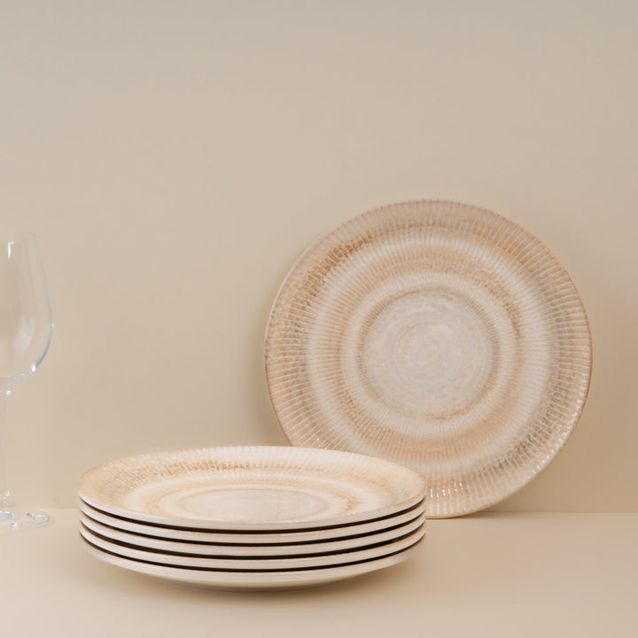 Paros Shell Sand Round Rimless Porcelain Plate | Textured Reactive Glaze Dinner Plate | Set of 6