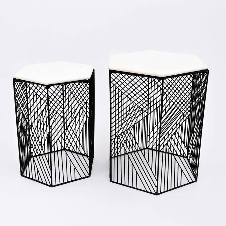 Hexagonal Wire Marble Table  Set of 2