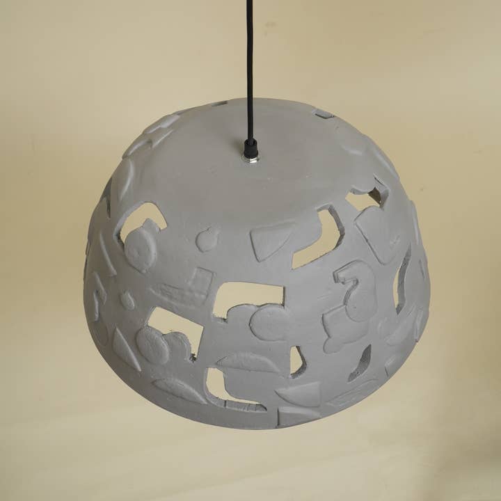 Grey Paper Mache Pendant Lamp Textured Finish