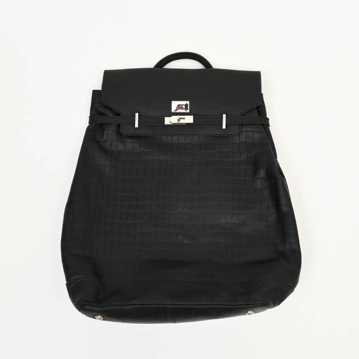 Premium Full-Grain Black Napa & Croc-Look Leather Laptop Backpack | Office & Travel Bag with Padded Laptop Compartment, Twist-Lock Flap & Trolley Sleeve