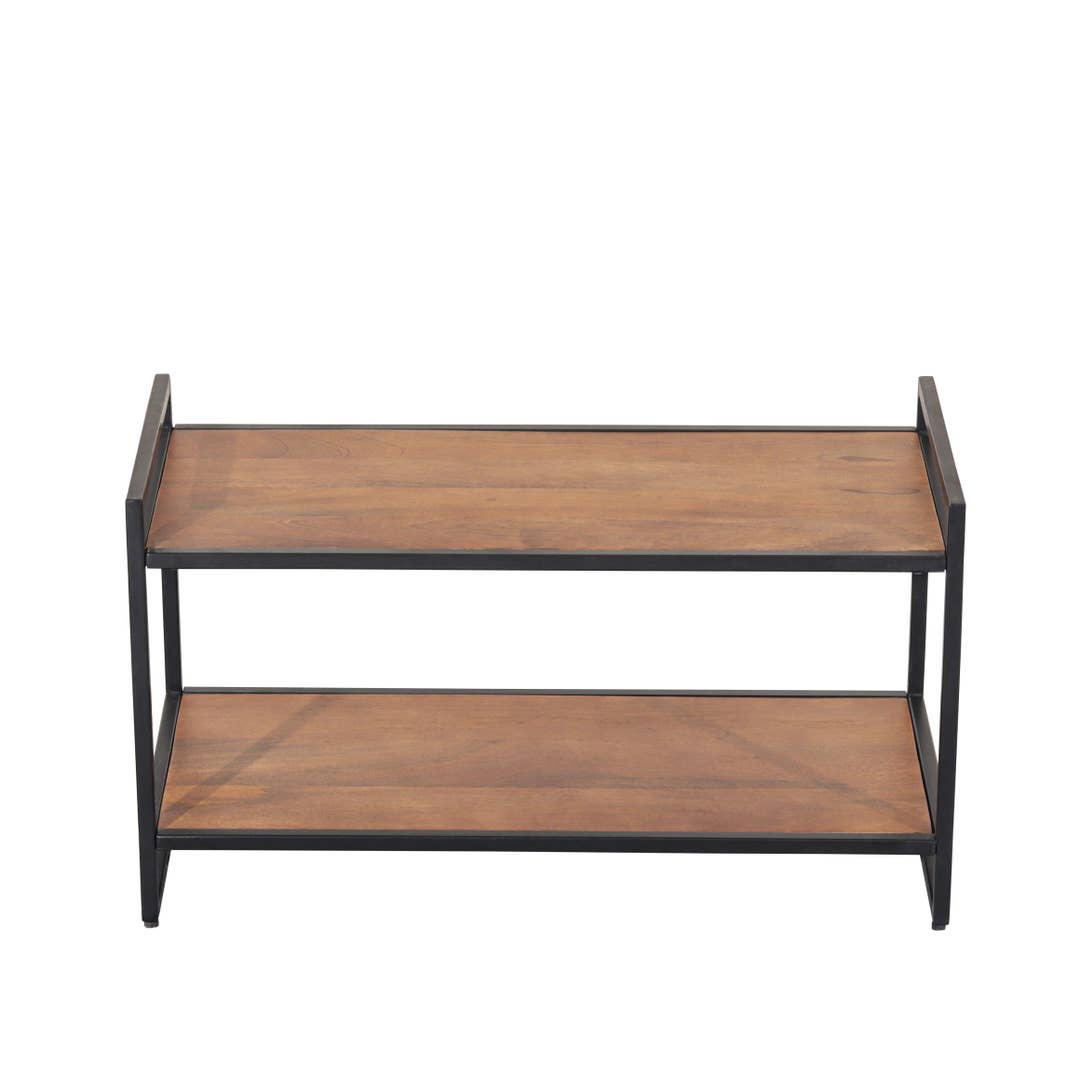 Mango Wood & Black Metal Shoe Rack | Modern Industrial Step Rack Design