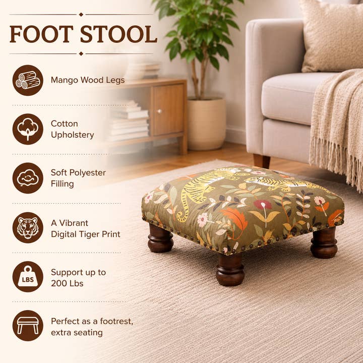 Botanical Tiger Cotton Footstool with Wooden Legs – Green