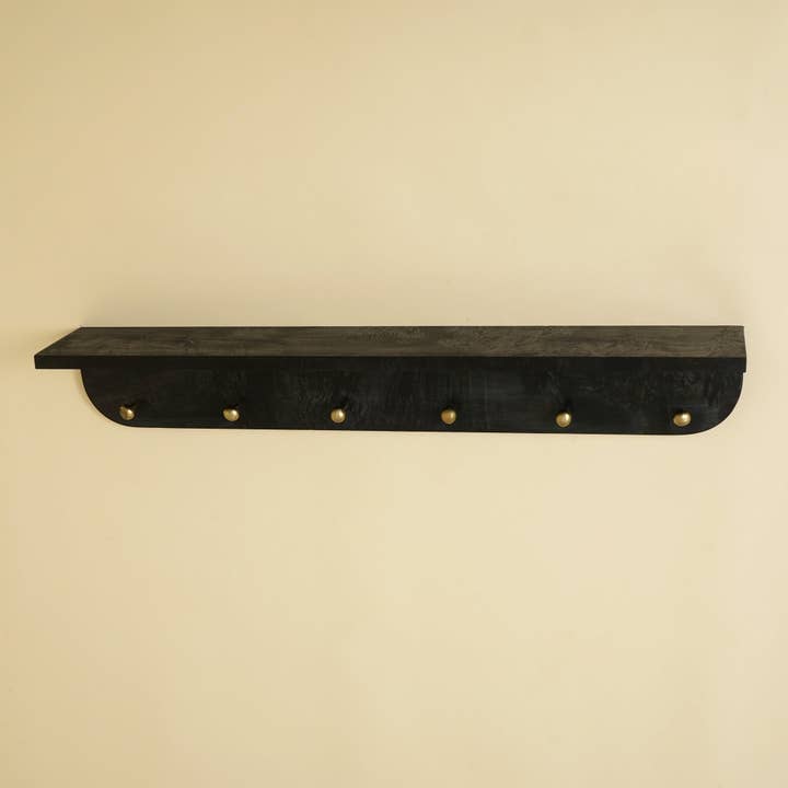 Modern Wall Shelf with 6 Hooks | Black Floating Coat Rack