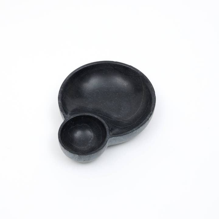 Elegant Black Natural Stone Two-Compartment Serving Dish | Modern Dip, Snack & Condiment Bowl