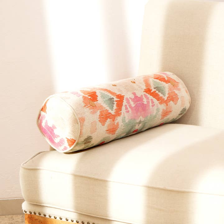 Ikat Linen Bolster Cushion Multicolor 60 x 17.5 cm
