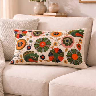 Floral Embroidered Cotton Cushion with Filler 35 × 60 cm