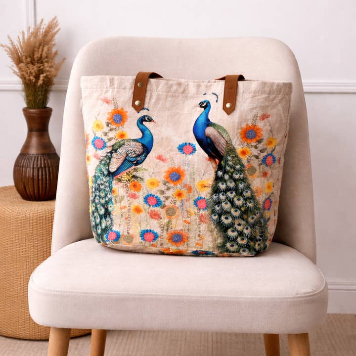 Embroidered Peacock Cotton Tote Bag – Floral Multi Shopper