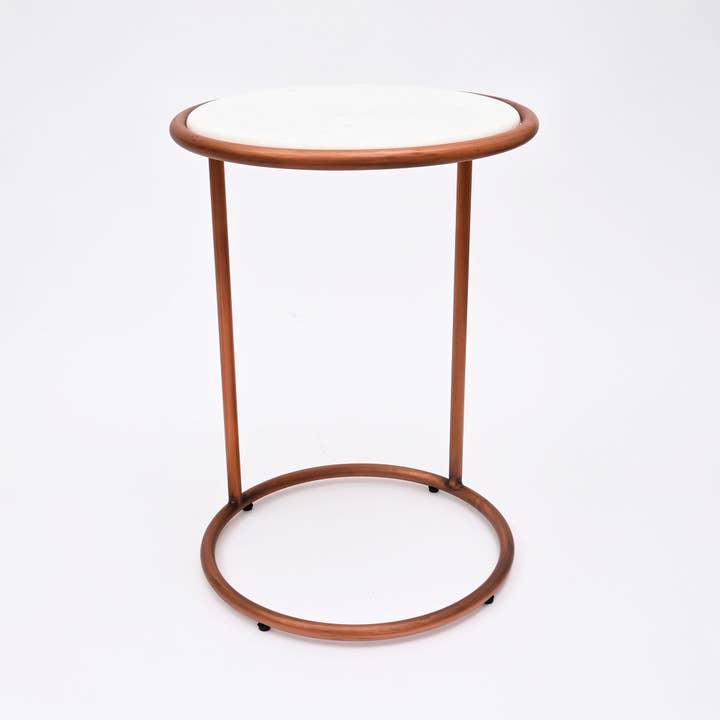 Copper Antique C Round Table With Marble Top Set of 2