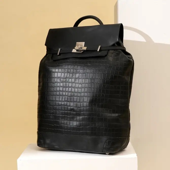 Premium Full-Grain Black Napa & Croc-Look Leather Laptop Backpack | Office & Travel Bag with Padded Laptop Compartment, Twist-Lock Flap & Trolley Sleeve