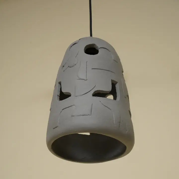 Handmade Petros Hanging Lamp – Elongated Grey Papier-Mâché Pendant Light