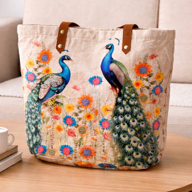 Embroidered Peacock Cotton Tote Bag – Floral Multi Shopper