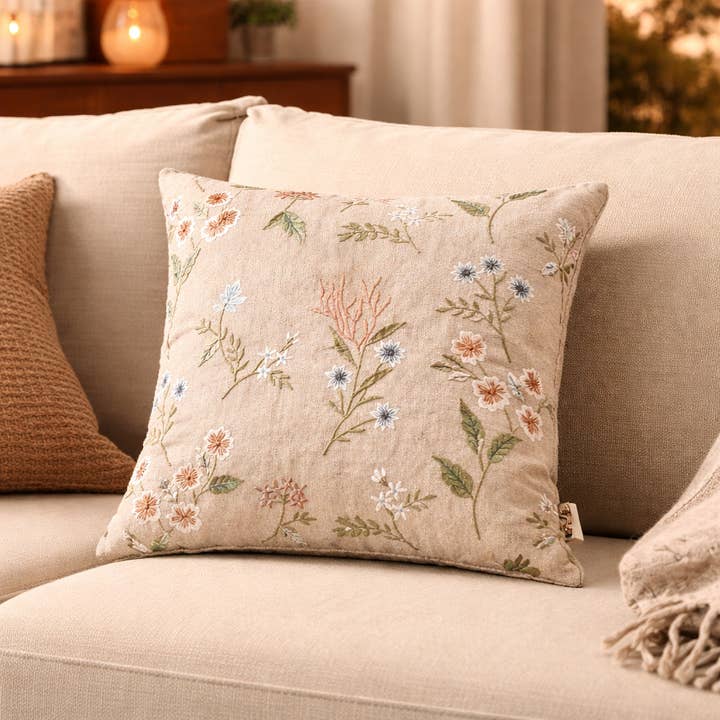 Embroidered Cotton Cushion- Tulip Floral Design- 45x45 cm