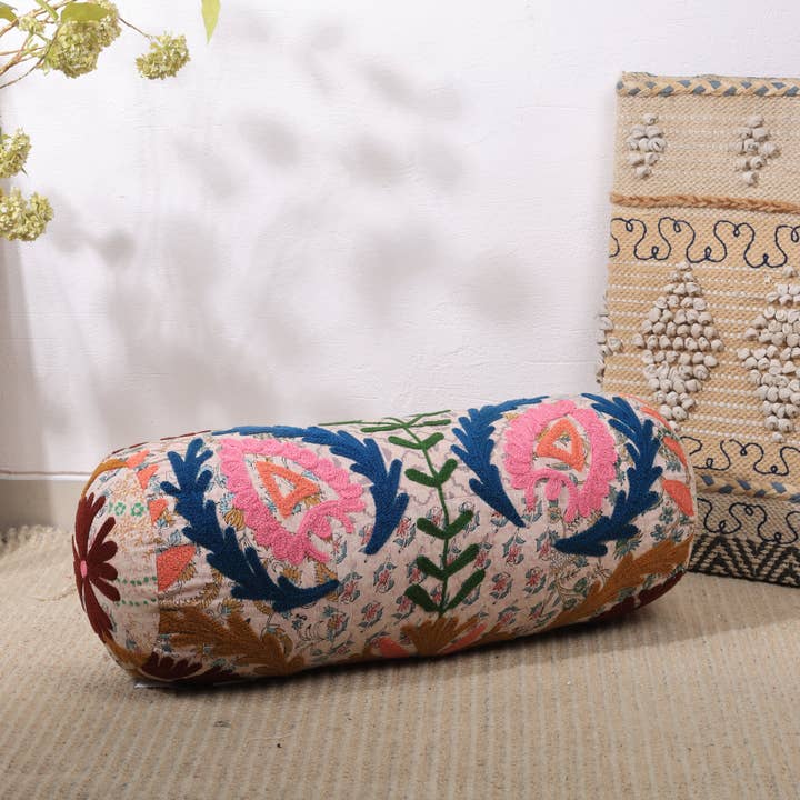 Floral Embroidered Cotton Bolster Cushion Multicolor 53 x 20 cm
