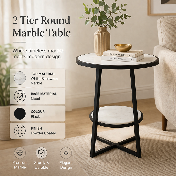 2 Tier Round Marble Table With Iron Base