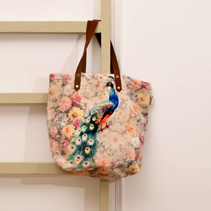 Peacock Floral Velvet Cotton Tote Bag - 40×48 cm Digital Print