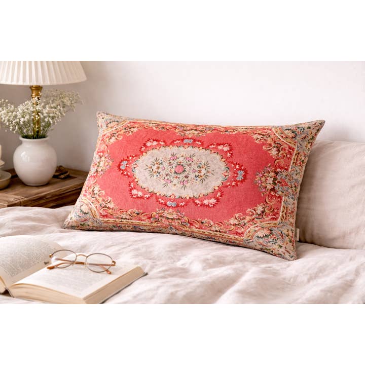 Floral Printed & Embroidered Cotton Lumbar Cushion- 40x60 cm