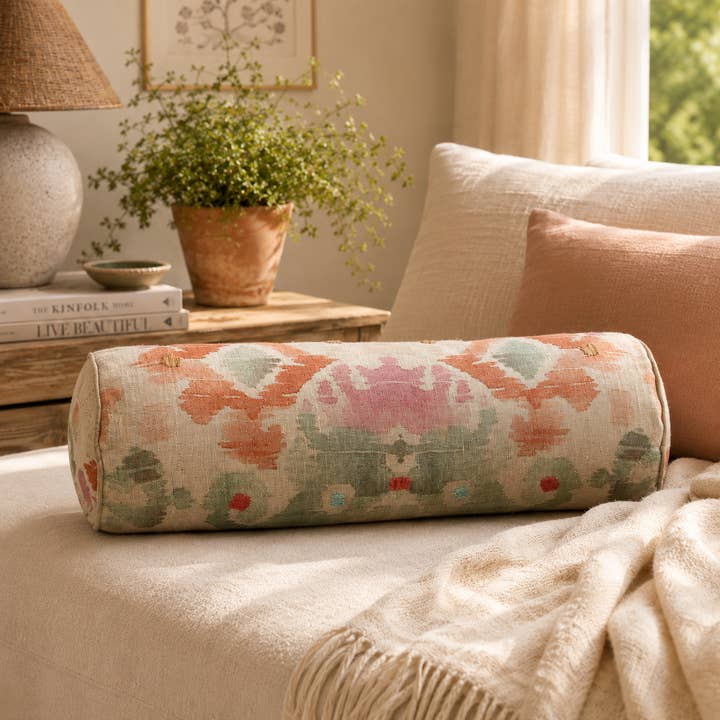 Ikat Linen Bolster Cushion Multicolor 60 x 17.5 cm