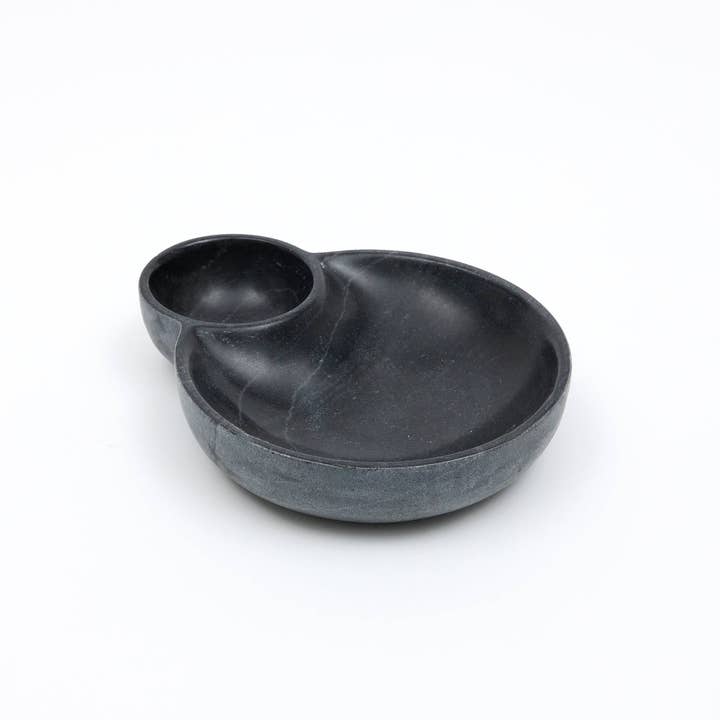 Elegant Black Natural Stone Two-Compartment Serving Dish | Modern Dip, Snack & Condiment Bowl