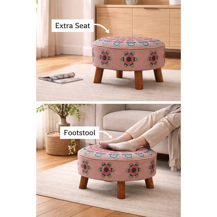 Embroidered Cotton Round Footstool with Wooden Legs 60 cm