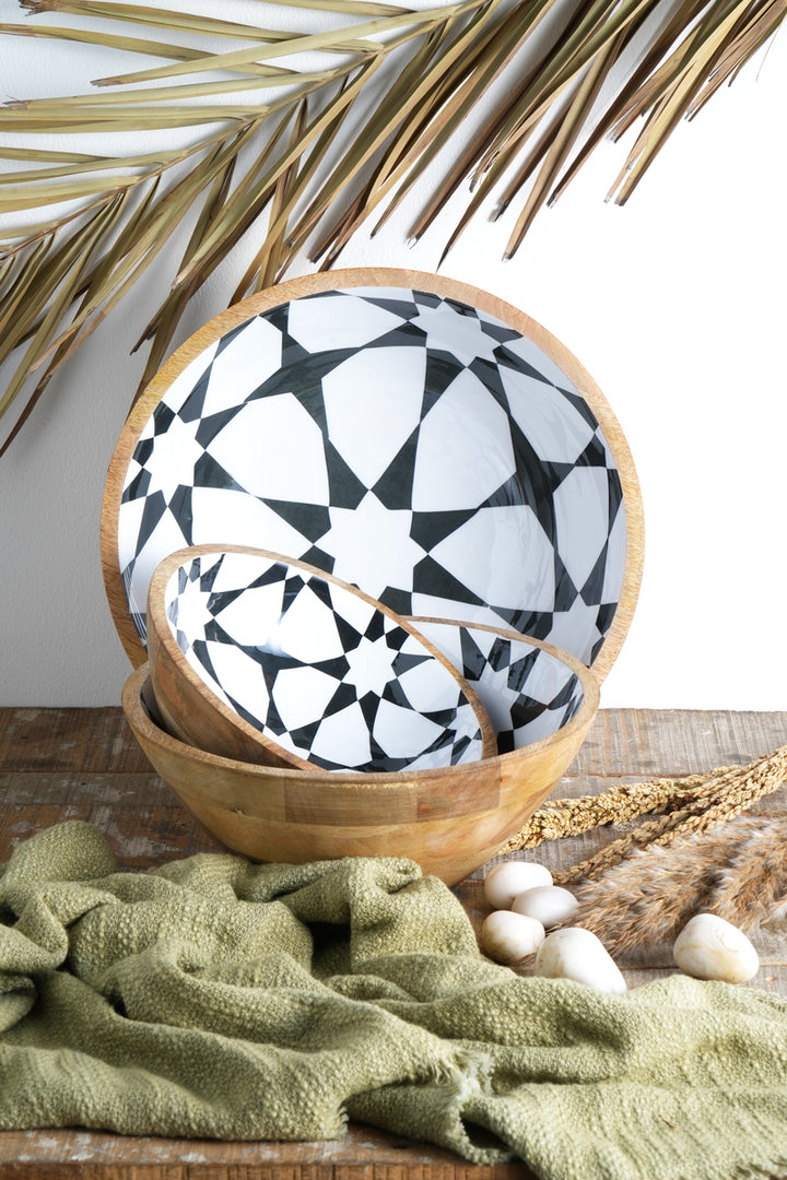 S/3-WOODEN BOWL/TESSILATION PATTERN