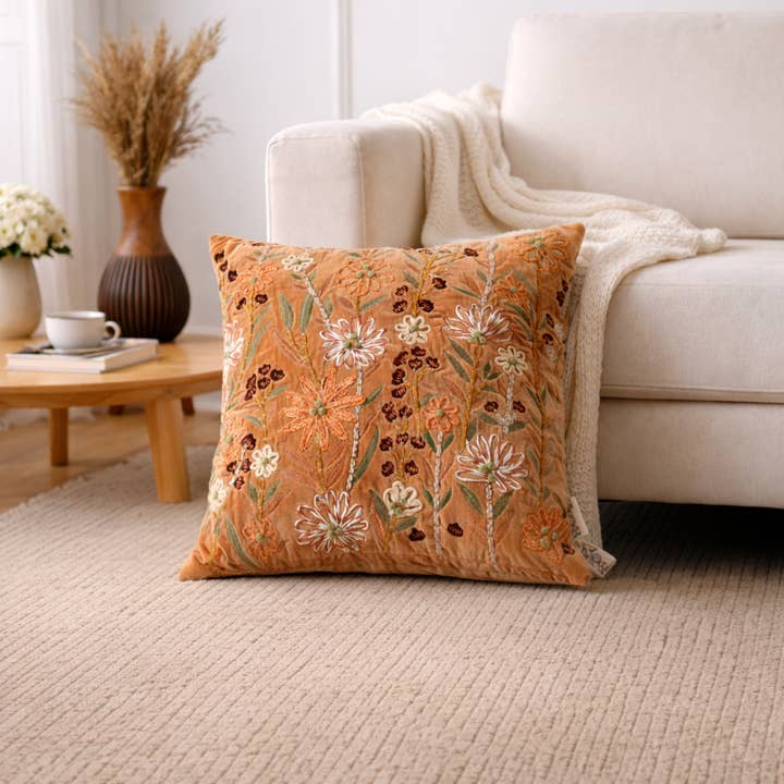 Peach Floral Embroidered Cotton Velvet Cushion 45x45 cm