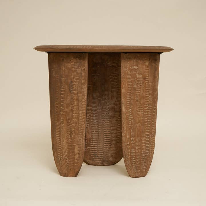 Solid Mango Wood Side Table – Sculptural Round Accent Table | Brown
