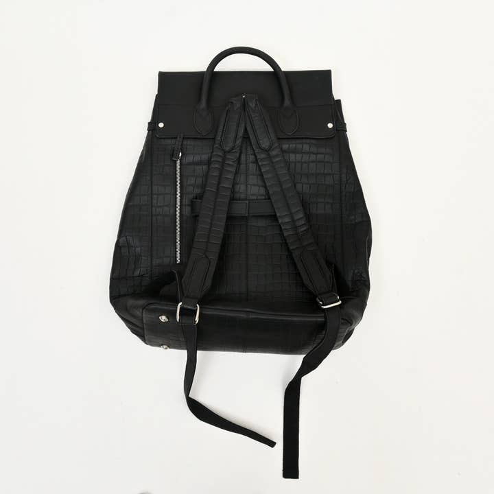 Premium Full-Grain Black Napa & Croc-Look Leather Laptop Backpack | Office & Travel Bag with Padded Laptop Compartment, Twist-Lock Flap & Trolley Sleeve