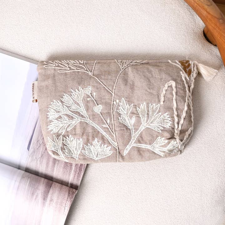 Cotton Pouch – Botanical Embroidered Design – 18x30 cm