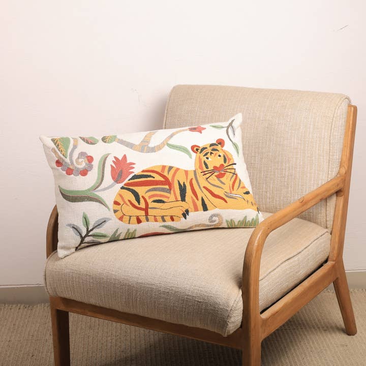 Floral Safari Tiger Cotton Cushion 35 x 60 cm