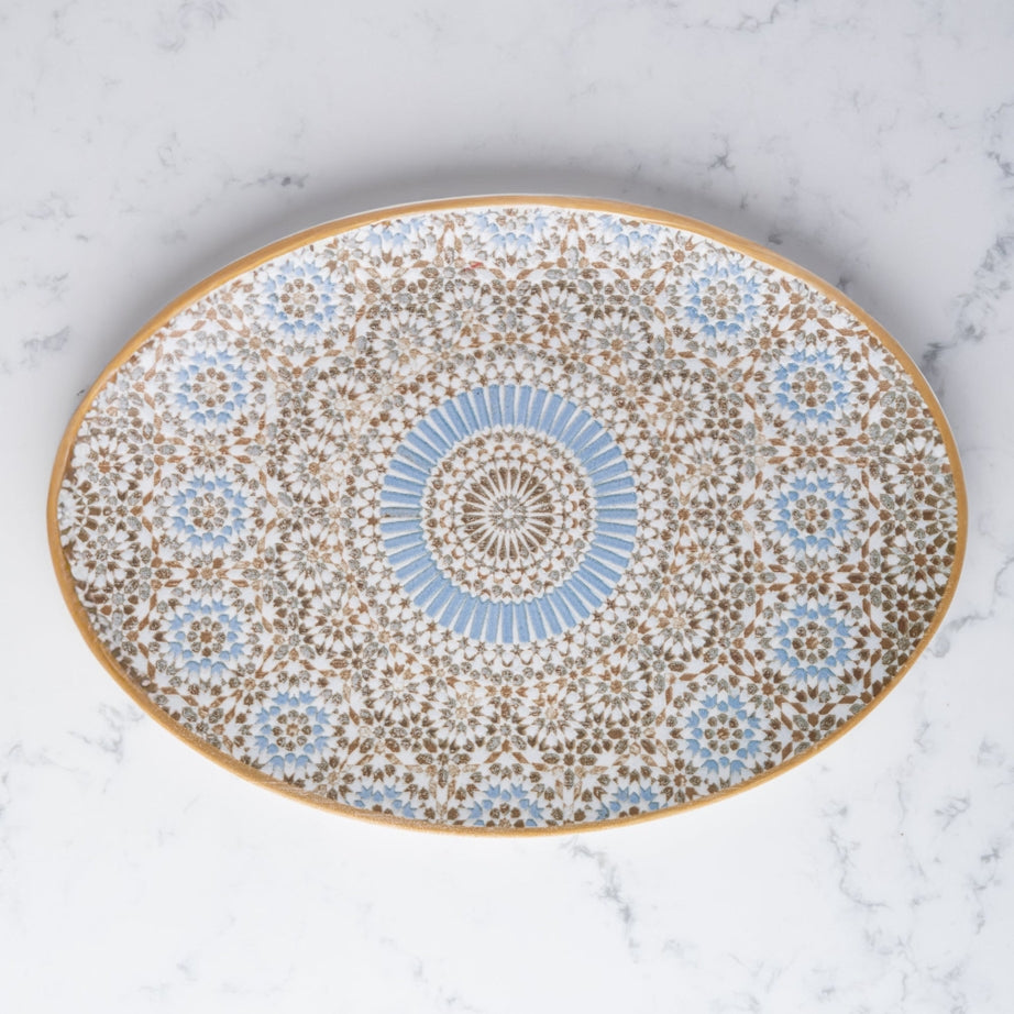 Oval Porcelain Plate with Foot 32cm | Moroccan Pattern Serving Platter | Professional Hospitality Tableware | Set of 6