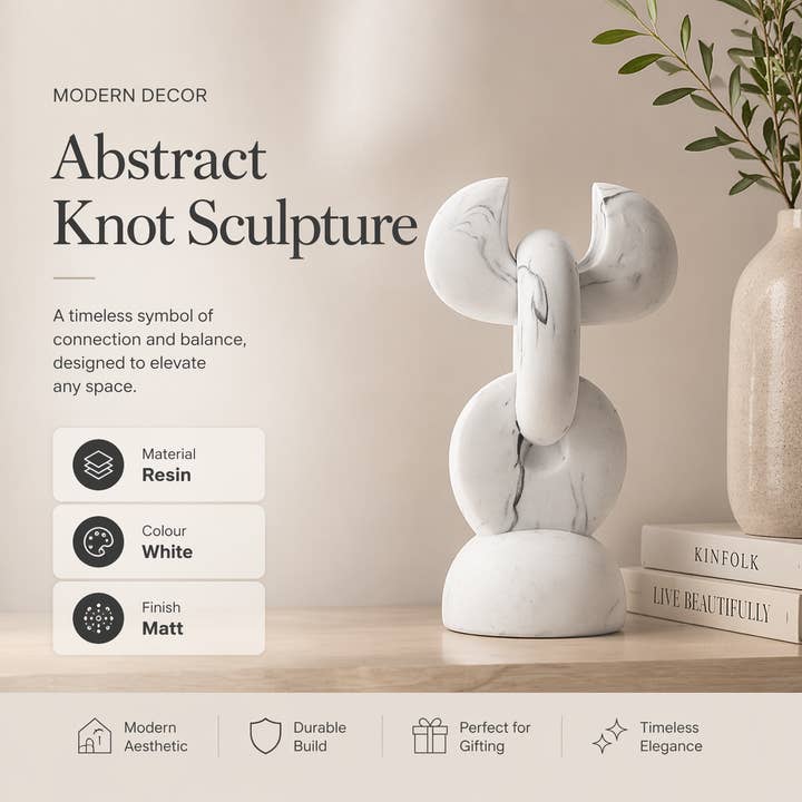Abstract Knot Sculpture in White Matte Polyresin