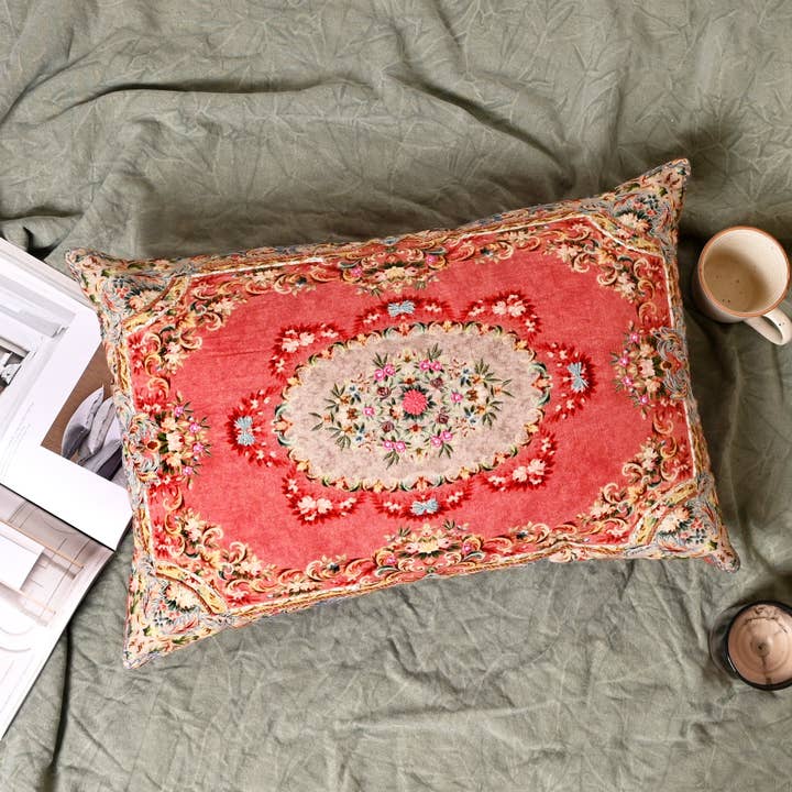 Floral Printed & Embroidered Cotton Lumbar Cushion- 40x60 cm