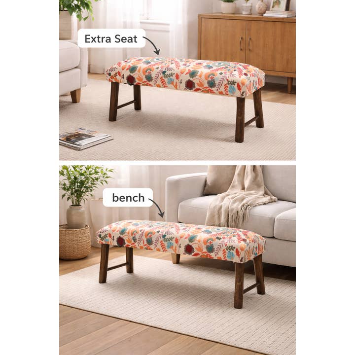 Floral Cotton Upholstered Bench with Wooden Legs 114 cm